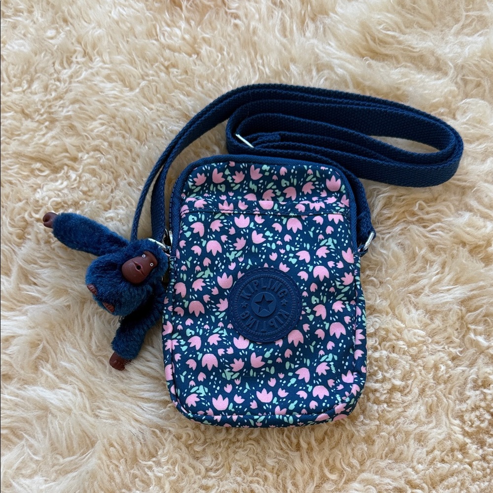 EUC - Kipling Pink and Blue Floral Crossbody Bag with Monkey Keychain